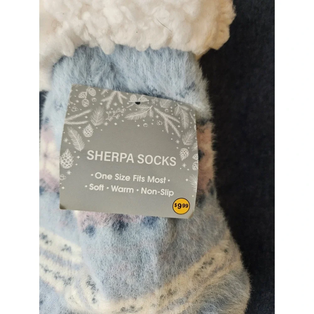 Women's Sherpa Lined Slipper‎ Socks Blue Snowflake Soft Warm Non-Slip